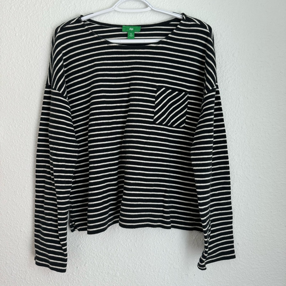 Dip black and white stripe long sleeve shirt with front pocket, size L / XL